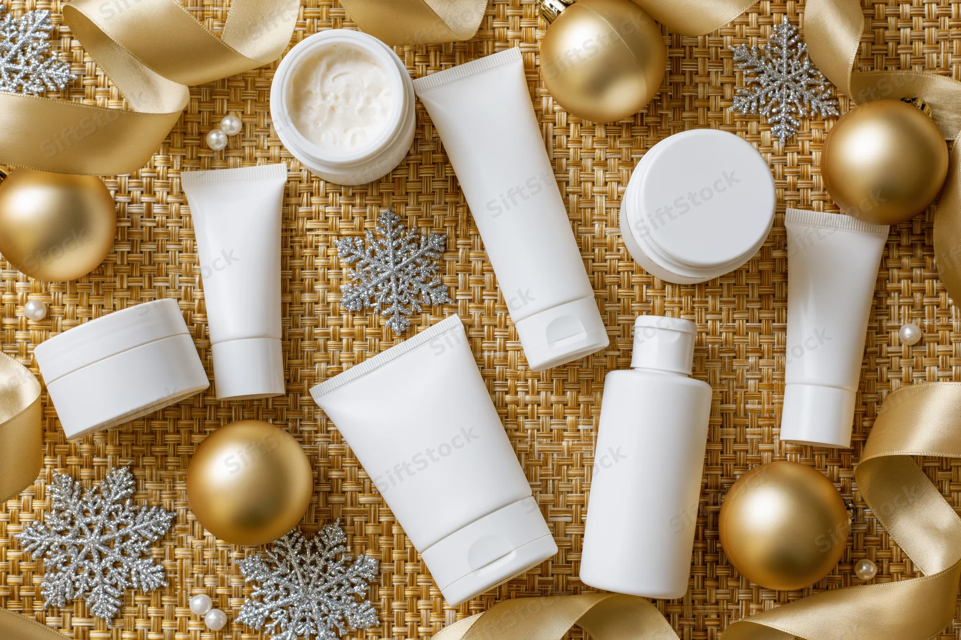 White skincare product tubes jars and bottles arranged with gold ornaments and ribbons on woven surface