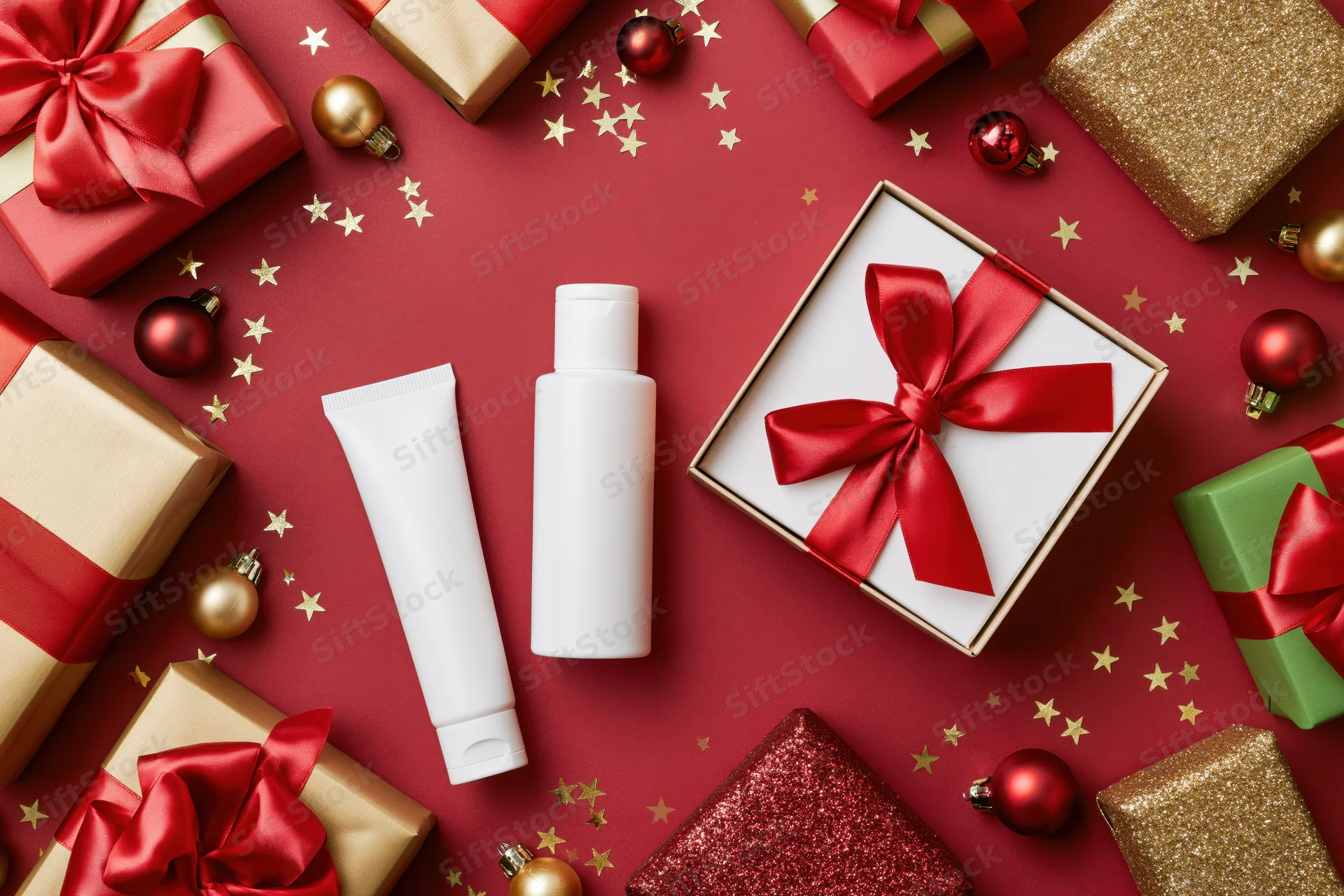 White skincare tube and bottle in open gift box surrounded by wrapped presents and ornaments on red surface