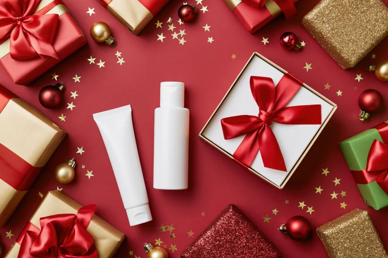 White skincare tube and bottle in open gift box surrounded by wrapped presents and ornaments on red surface