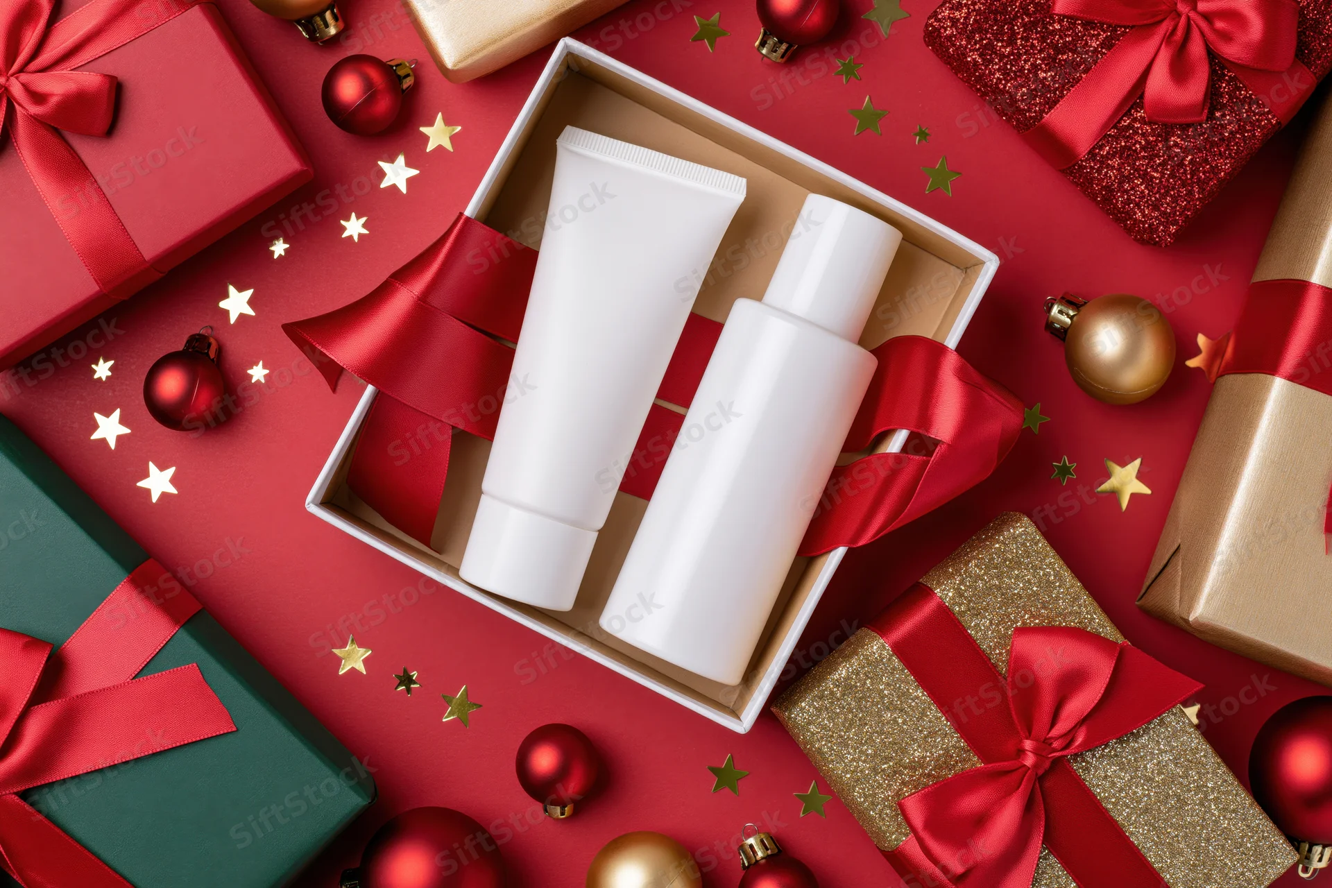 White skincare tube and bottle in open gift box surrounded by wrapped presents and christmas ornaments on red surface