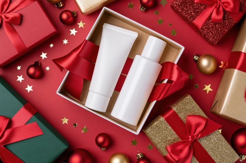 White skincare tube and bottle in open gift box surrounded by wrapped presents and christmas ornaments on red surface