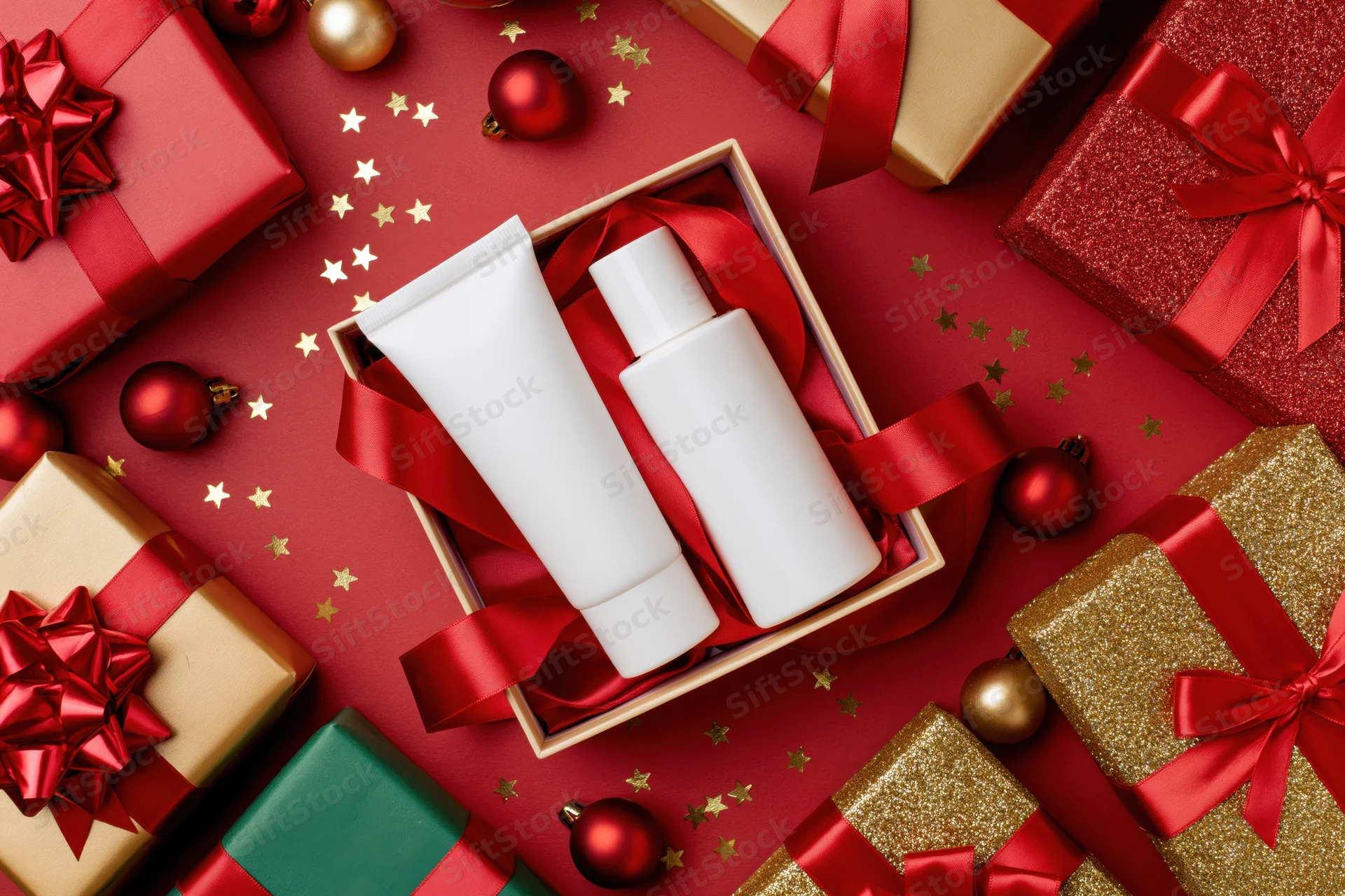 White skincare tube and bottle in open gift box surrounded by wrapped presents and holiday decorations on red surface