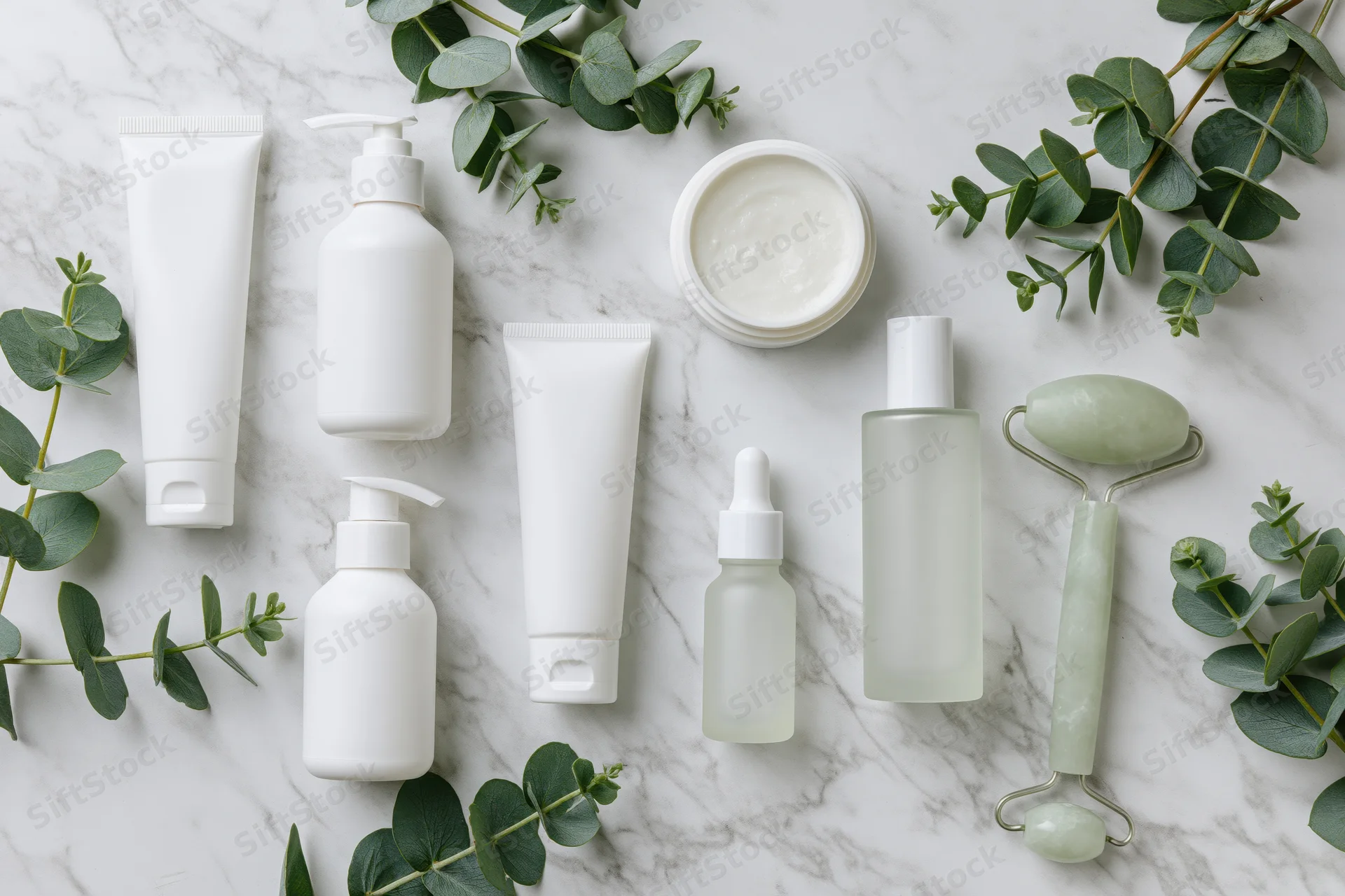 White unlabeled skincare containers and jade roller arranged with eucalyptus on marble surface