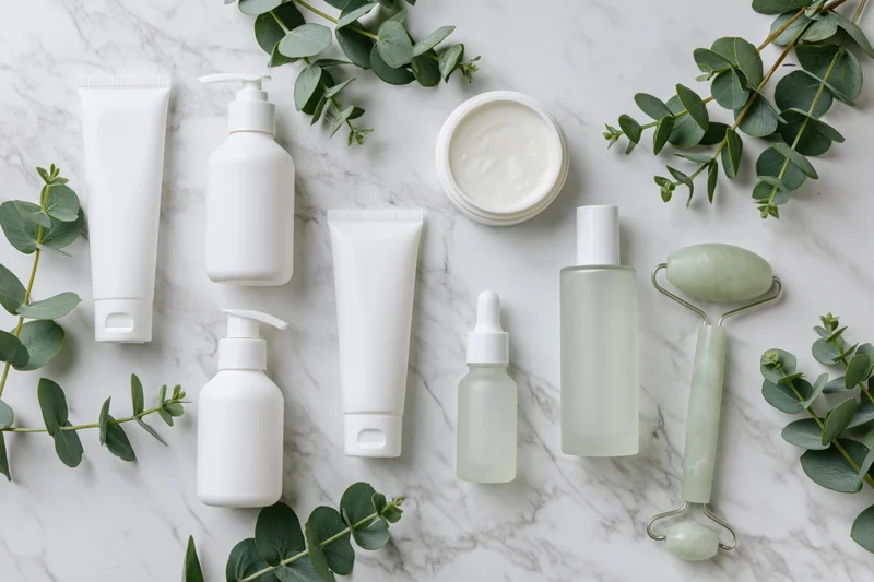 White unlabeled skincare containers and jade roller arranged with eucalyptus on marble surface