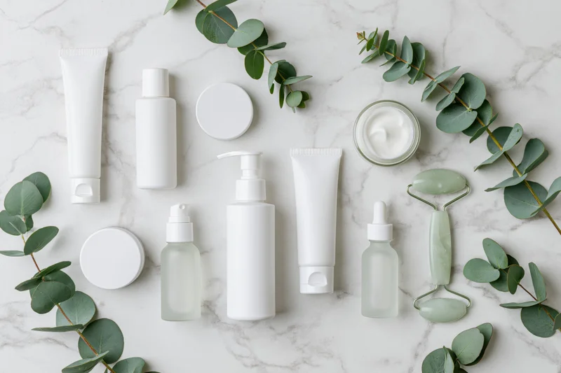 White unlabeled skincare containers and eucalyptus leaves arranged on marble surface in flat lay view