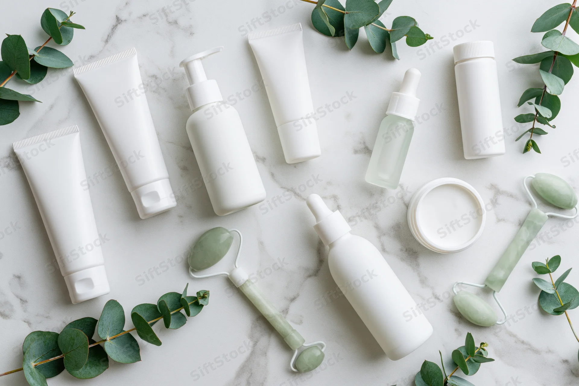 White unlabeled skincare containers and jade rollers arranged with eucalyptus leaves on marble surface