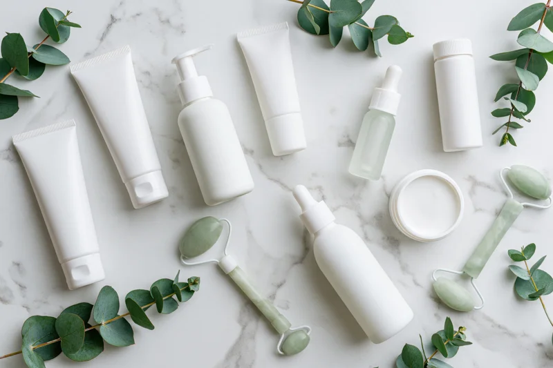 White unlabeled skincare containers and jade rollers arranged with eucalyptus leaves on marble surface