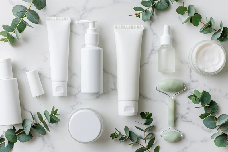 White unlabeled skincare containers arranged with green eucalyptus leaves on marble surface