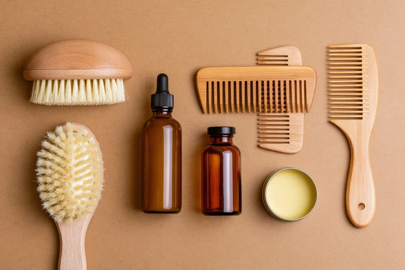 Wooden hairbrushes and combs with amber bottles and balm arranged in flat lay on brown surface