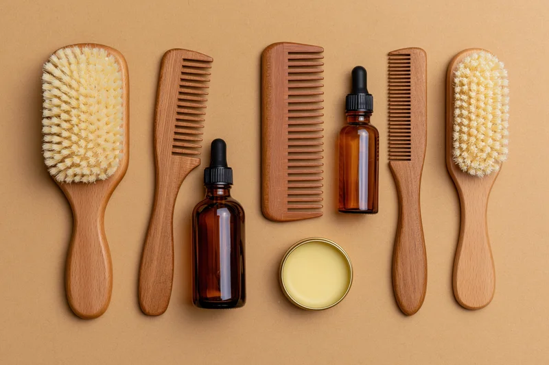 Wooden hairbrushes and combs with amber bottles and balm arranged in flat lay on beige surface