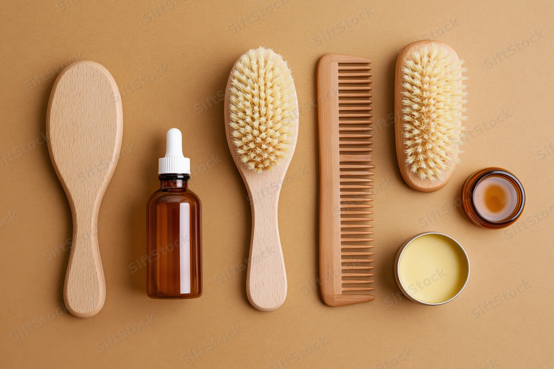 Wooden hairbrushes, comb, oil bottle and balm arranged in flat lay on beige surface