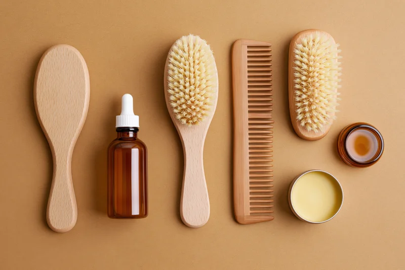 Wooden hairbrushes, comb, oil bottle and balm arranged in flat lay on beige surface