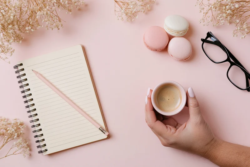 Hand holding coffee cup on pastel desk with notebook, pencil, macarons, glasses and dried flowers