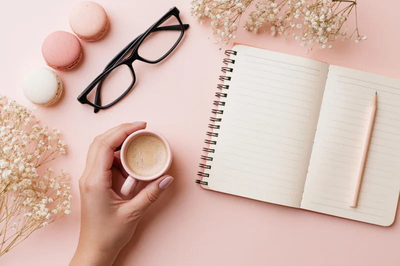 Hand holding a coffee cup beside an open notebook, macarons, glasses and baby's breath on a pink desk surface