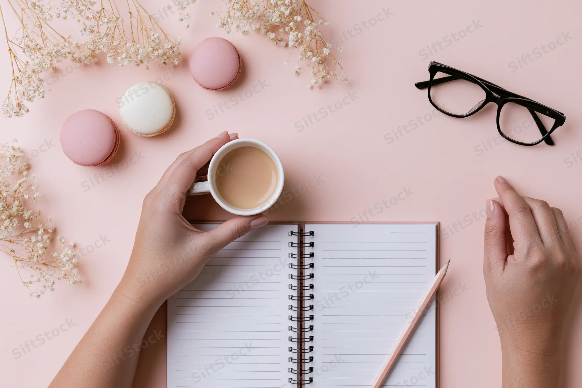 Woman's hands holding coffee cup over open notebook with macarons and flowers on pink desk