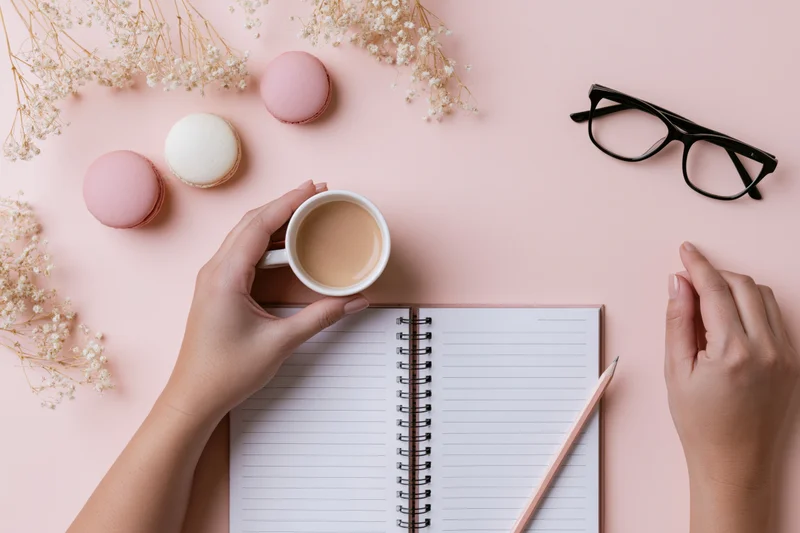 Woman's hands holding coffee cup over open notebook with macarons and flowers on pink desk