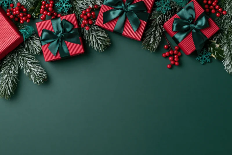 Red striped gift boxes with dark green ribbons and pine branches arranged along the top edge of a dark green surface, leaving copyspace below