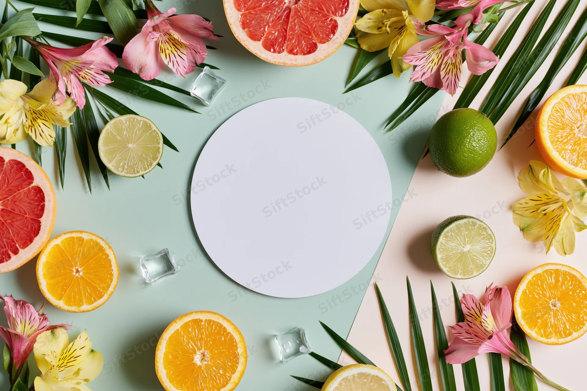 Flat lay arrangement of citrus fruits and tropical flowers around a blank white circular card on pastel background