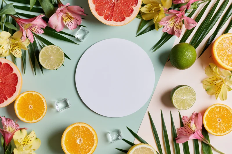 Flat lay arrangement of citrus fruits and tropical flowers around a blank white circular card on pastel background
