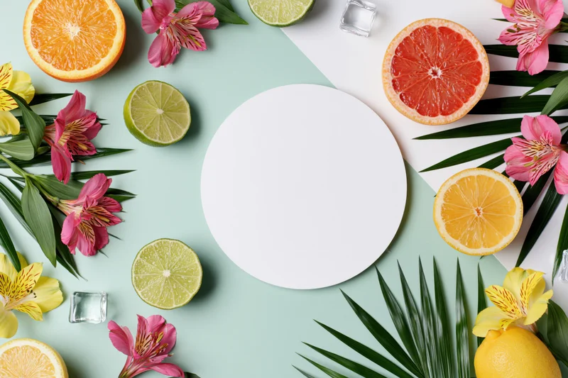 Blank white circular card surrounded by citrus fruits, tropical flowers and green leaves on a pastel background