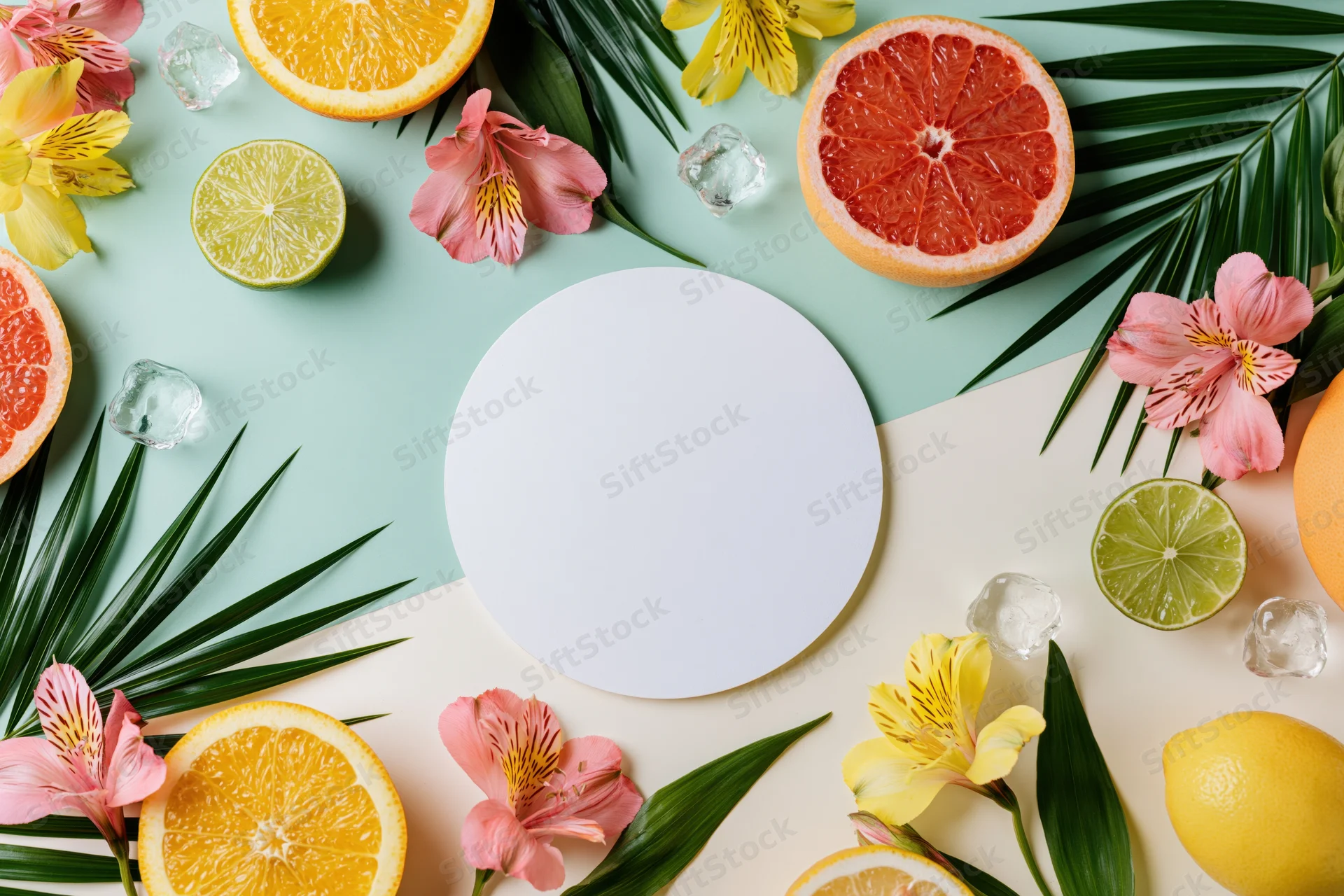 Flat lay arrangement of citrus fruits, tropical flowers and palm leaves around a blank white circular card on a two-tone background