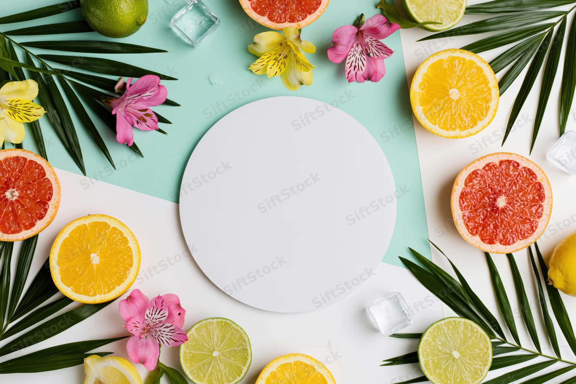 Flat lay arrangement of citrus fruits, tropical leaves and flowers around a blank white circular card on a colorful background