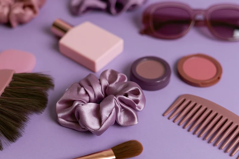 Beauty accessories arranged in flatlay on purple surface with copyspace