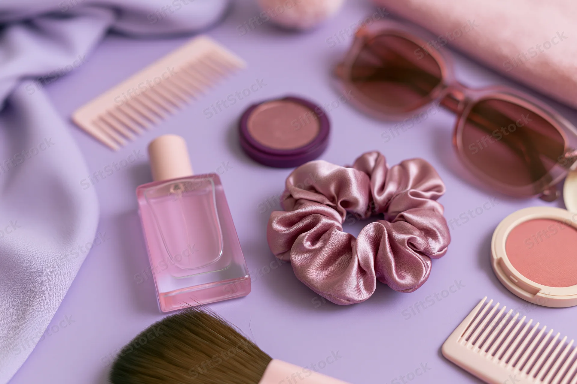 Beauty accessories arranged on a purple surface in a flatlay composition