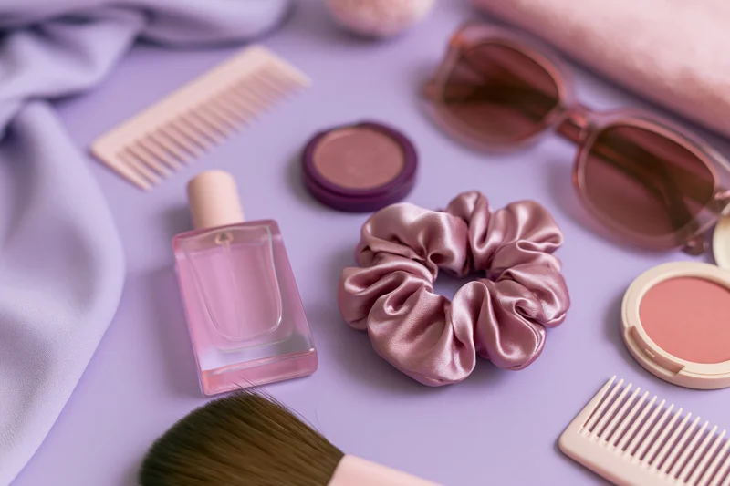 Beauty accessories arranged on a purple surface in a flatlay composition