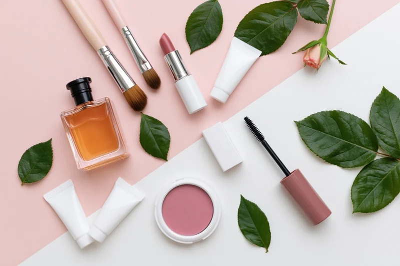 Beauty products arranged with rose leaves on pink and white background