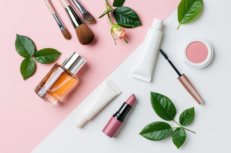 Beauty products including perfume, lipstick, mascara, and brushes arranged with rose leaves on a pink and white surface