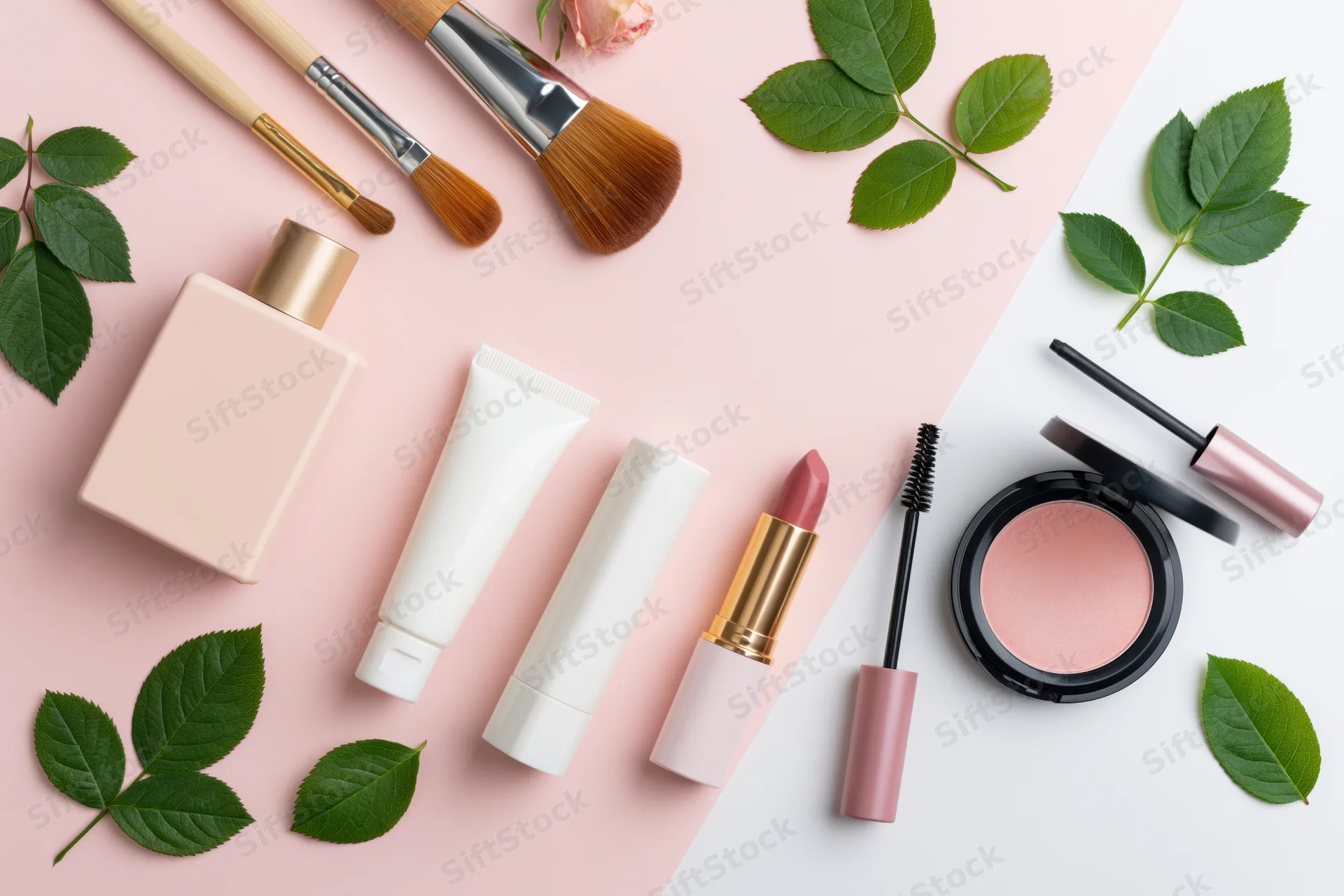 Beauty products arranged in flatlay on pink and white surface with green leaves