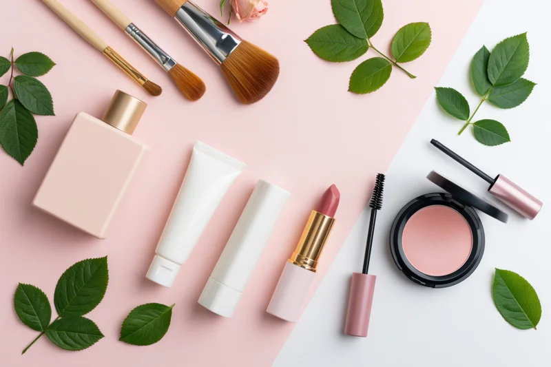 Beauty products arranged in flatlay on pink and white surface with green leaves