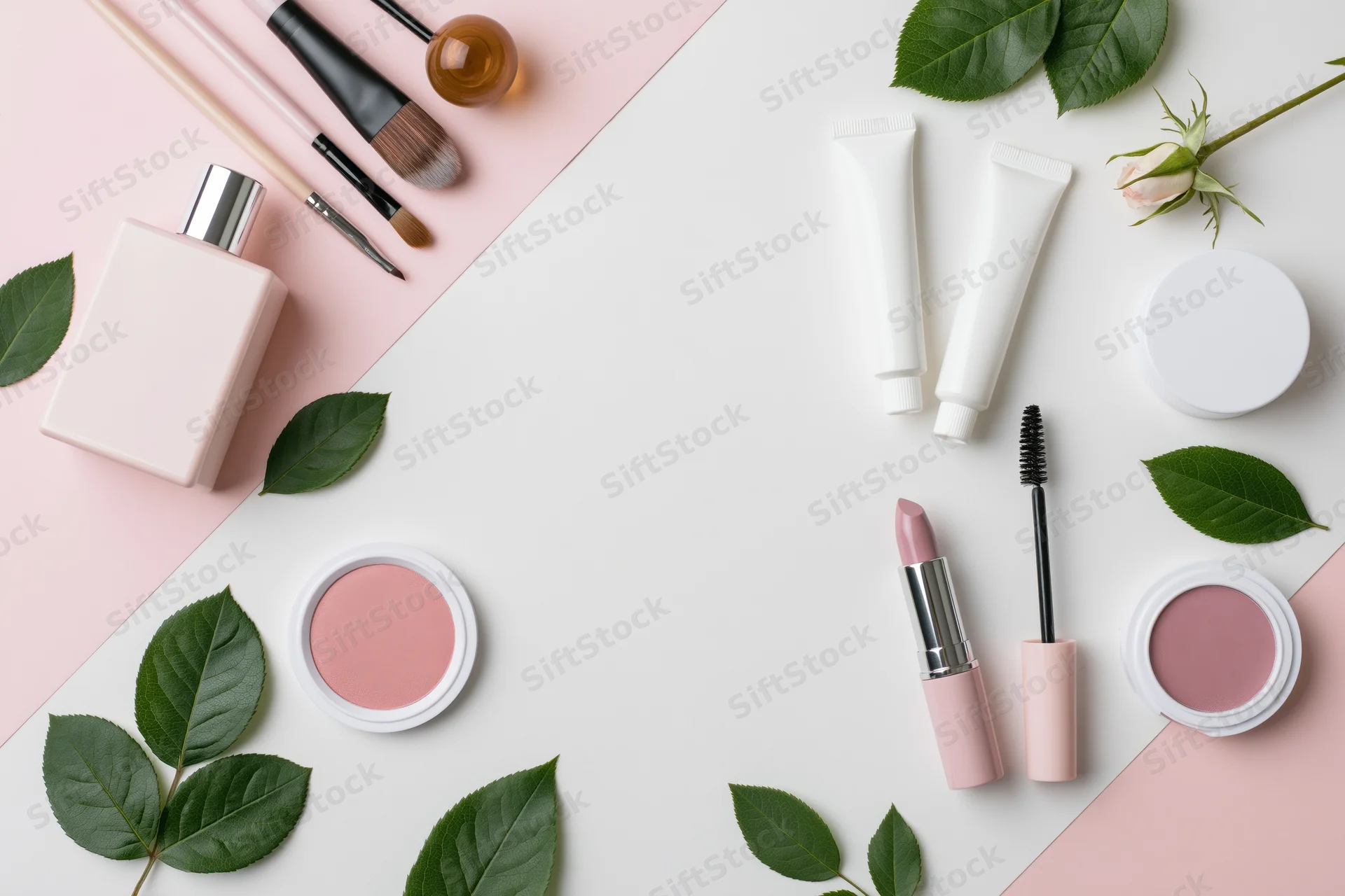 Beauty products arranged on a two-tone pink and white surface with green leaves and copyspace