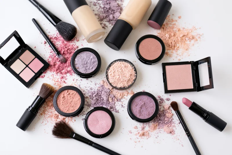Makeup products scattered on a white surface in a flatlay arrangement