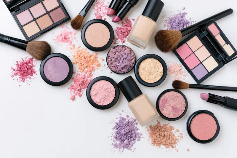 Makeup products scattered on a white surface in a flatlay arrangement