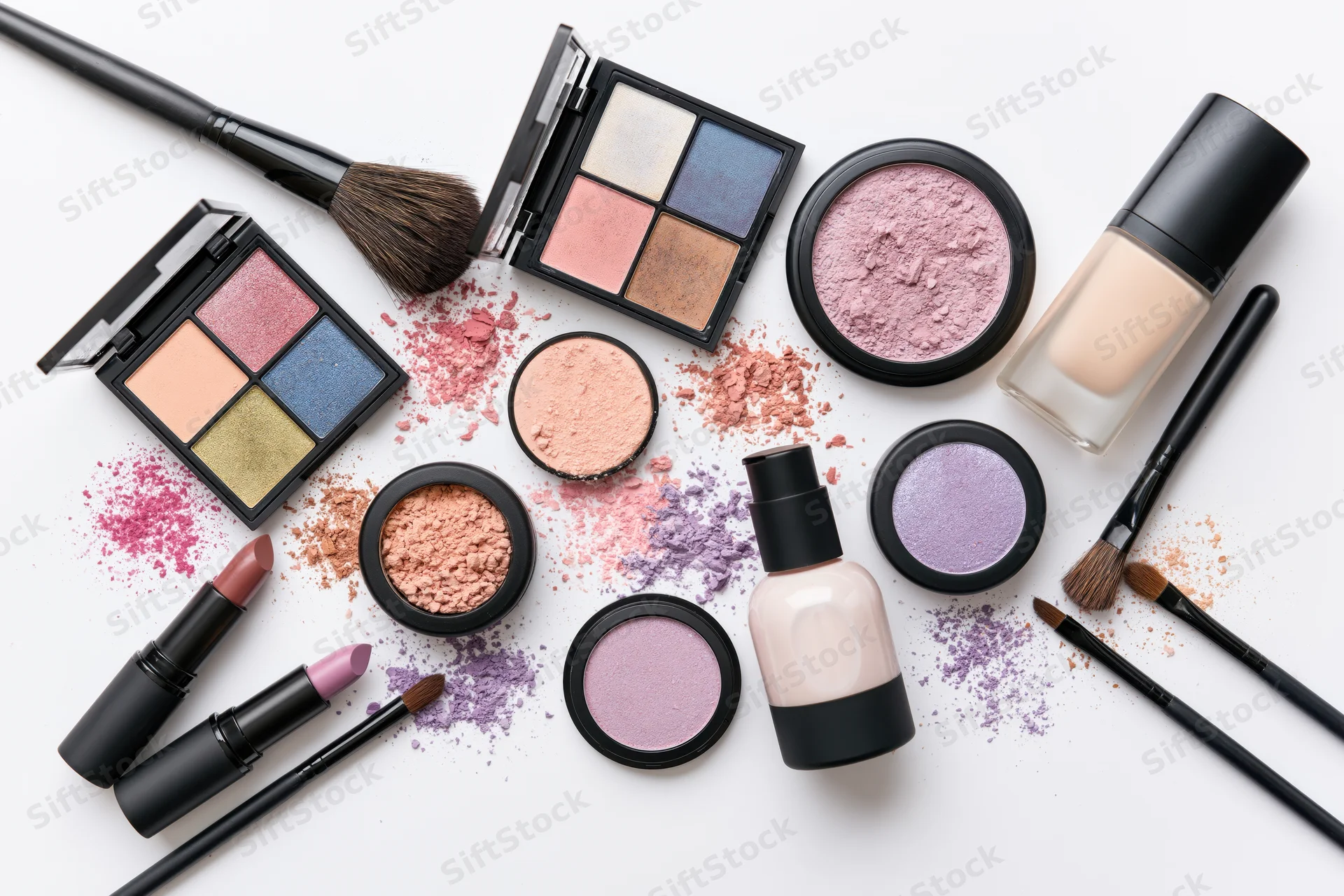 Makeup products scattered on a white surface in flatlay arrangement