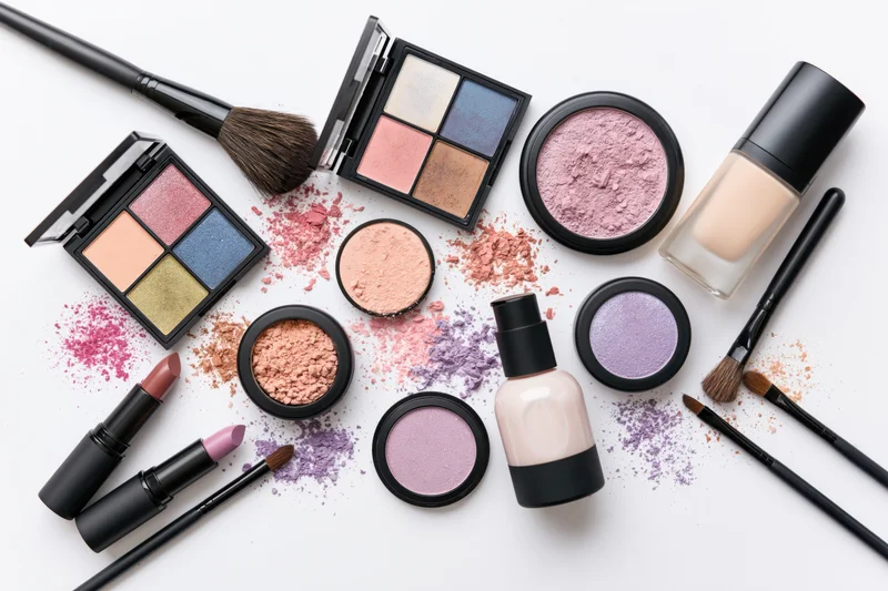Makeup products scattered on a white surface in flatlay arrangement