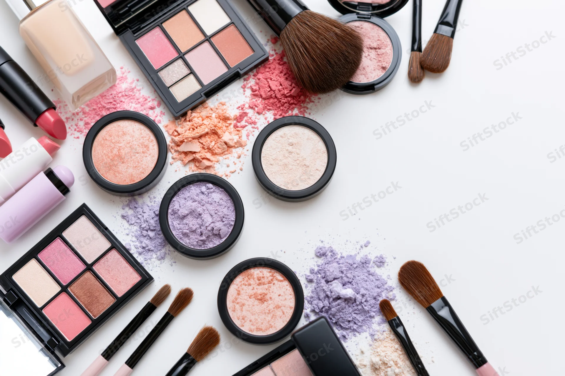 Makeup products scattered on a white surface with copyspace