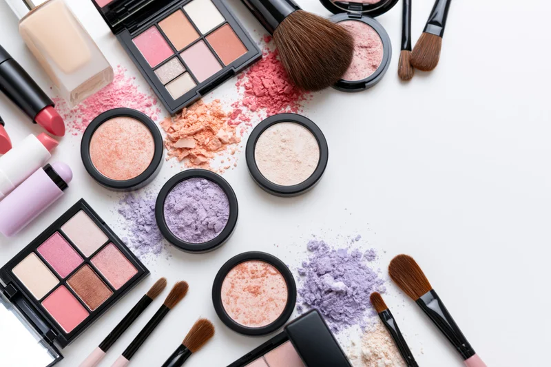 Makeup products scattered on a white surface with copyspace