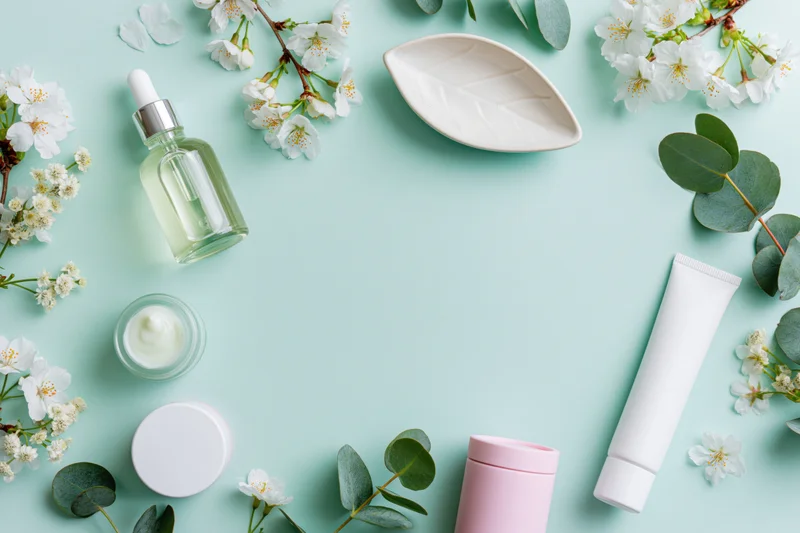 Skincare products arranged in a border frame with cherry blossoms and eucalyptus on a light blue background