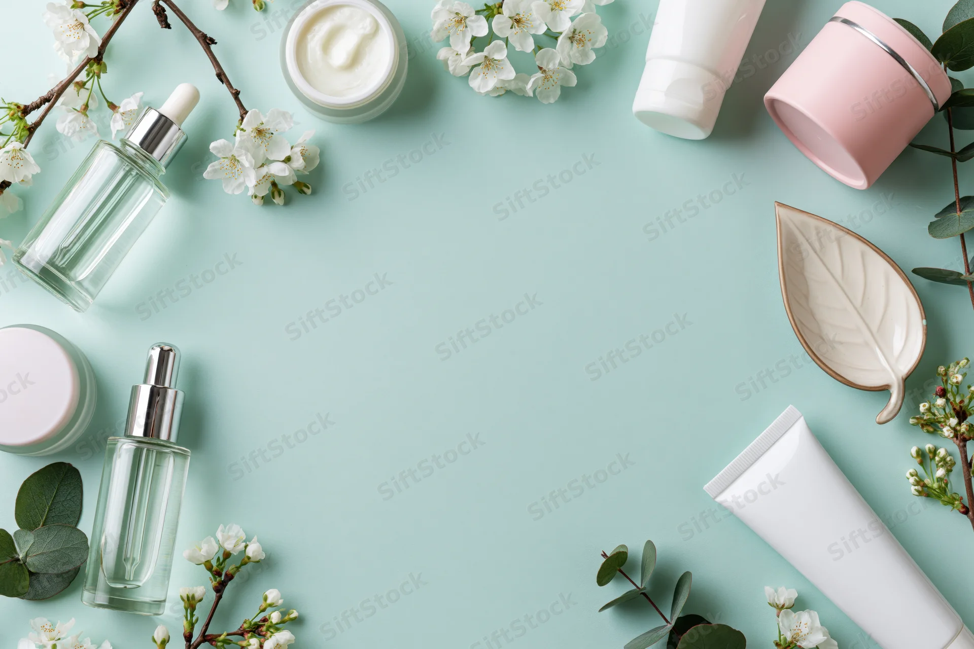 Skincare products arranged in a border frame with flowers and leaves on a mint green surface