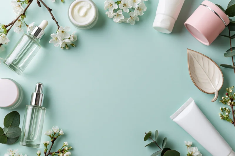 Skincare products arranged in a border frame with flowers and leaves on a mint green surface