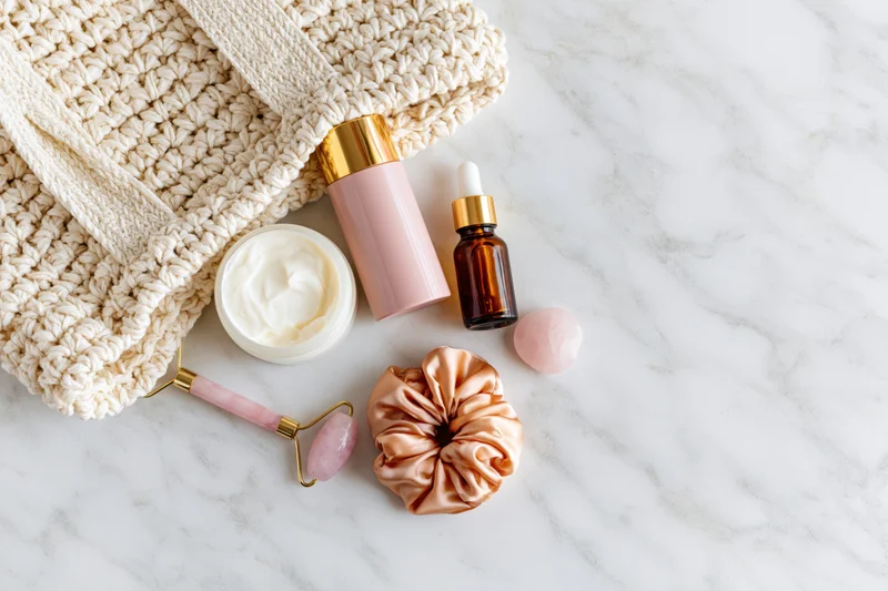 Skincare products and accessories arranged on marble surface with open cream wove bag