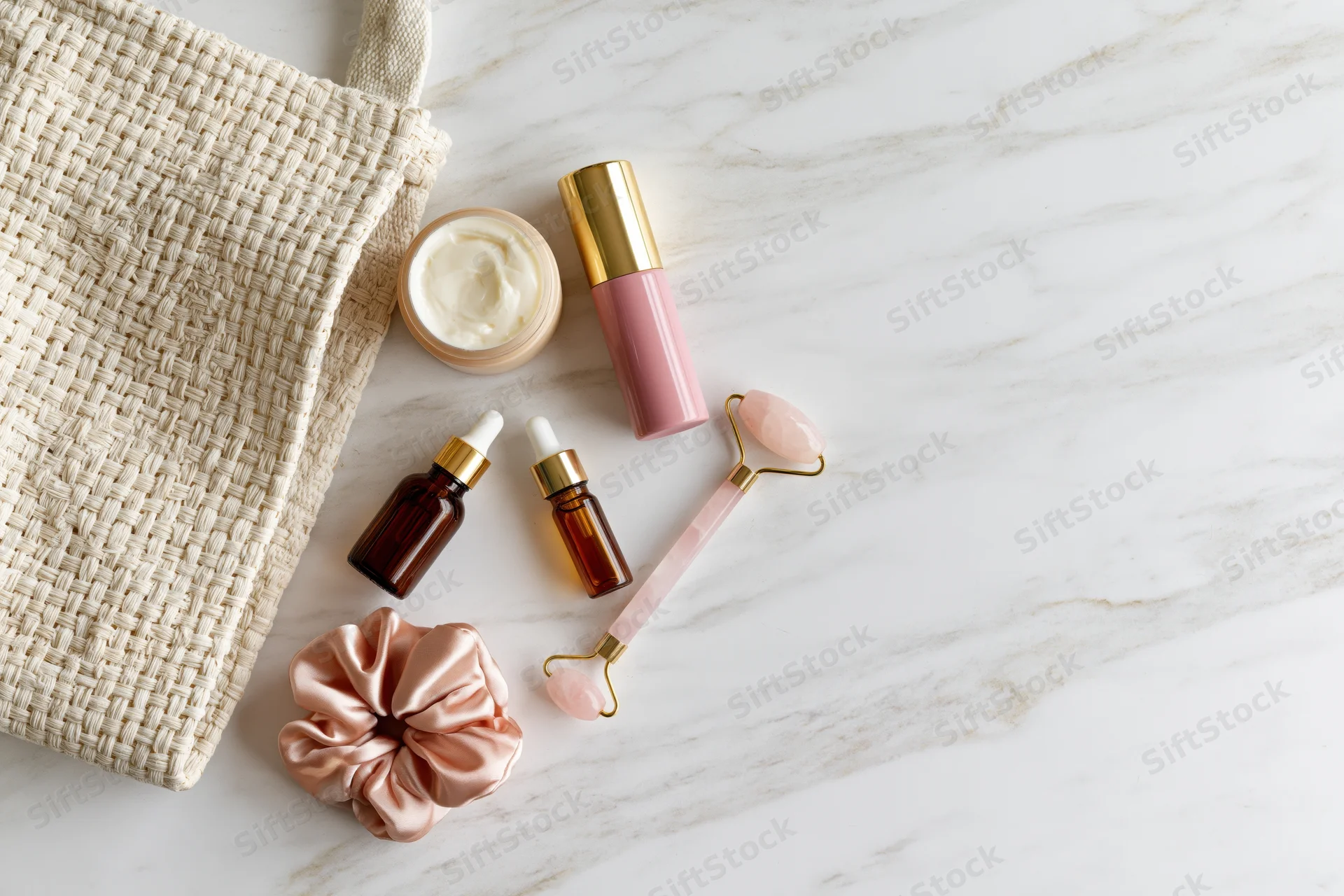 Skincare products arranged with a woven pouch on a marble surface