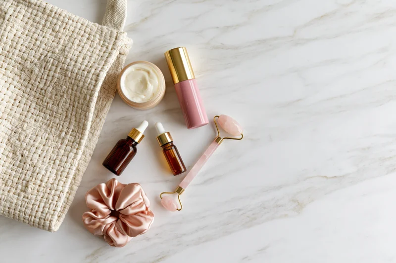 Skincare products arranged with a woven pouch on a marble surface