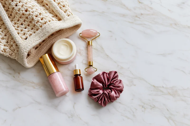 Skincare products and accessories arranged on marble surface with copyspace
