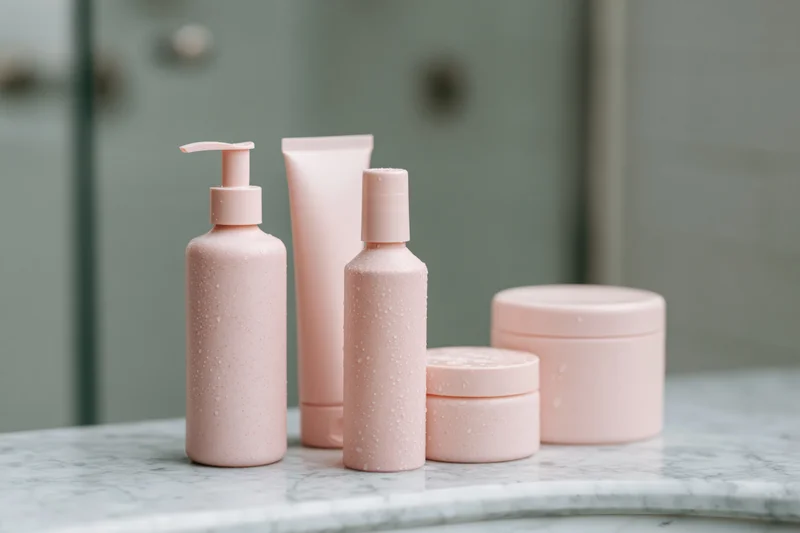 Blush pink skincare containers arranged on a marble countertop in a bathroom