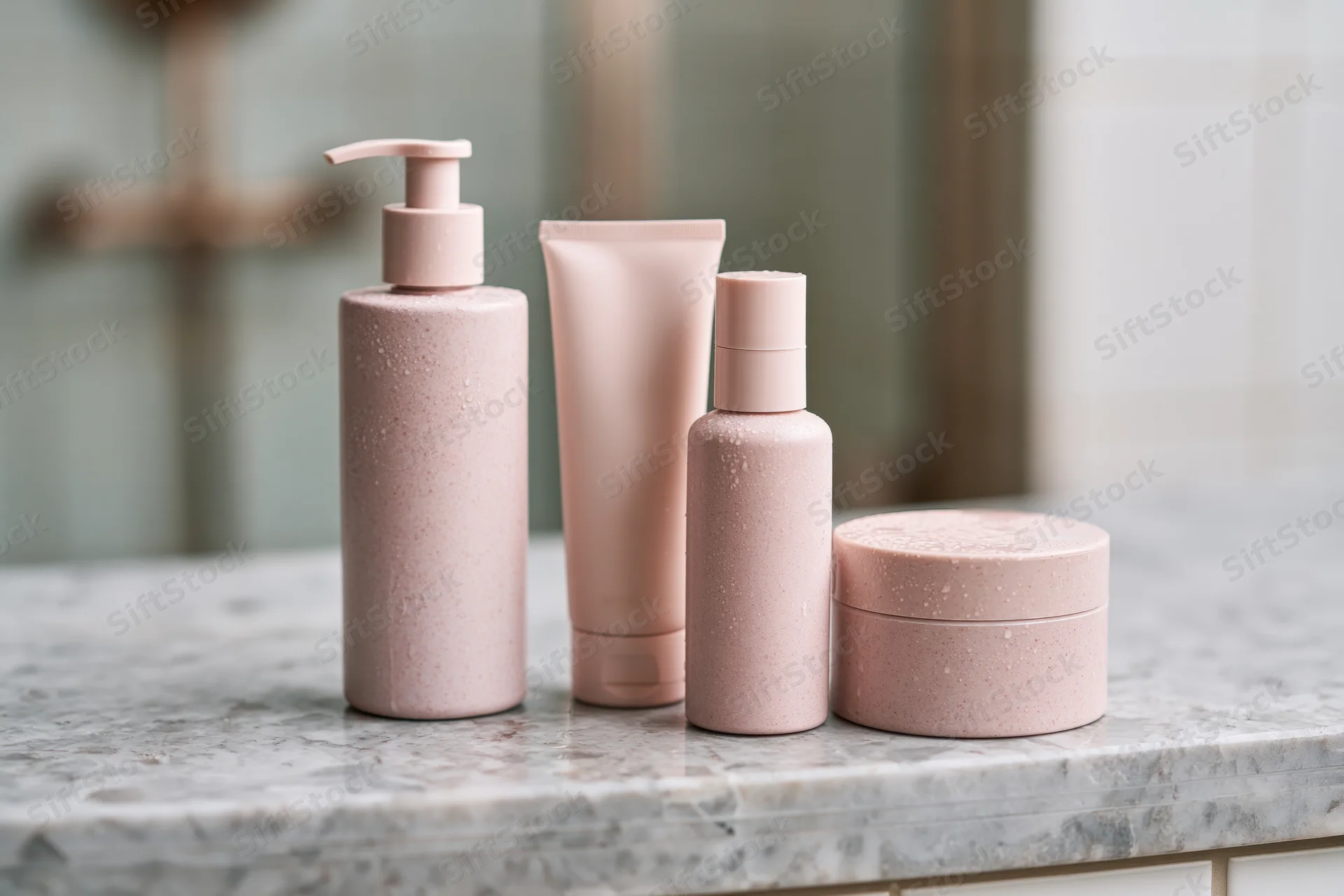 Four blush pink skincare containers arranged on a marble countertop in a bathroom