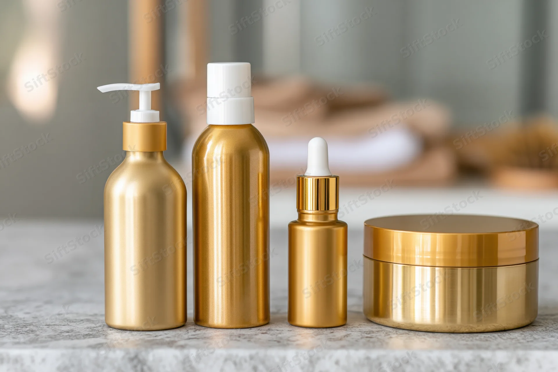 Gold metallic hair care product containers arranged on a marble countertop in a bathroom setting